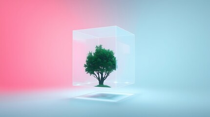 Obraz premium Tree Inside Glass Cube with Colorful Background Representing Growth and Future