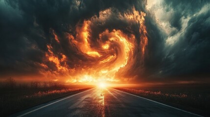 Fiery sunset storm over road, dramatic sky, apocalyptic landscape, concept art