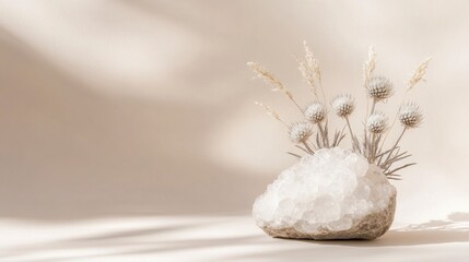 A delicate piece of quartz crystal with dried thistles inside, placed on the right side against a light beige background. The composition is minimalist and focused