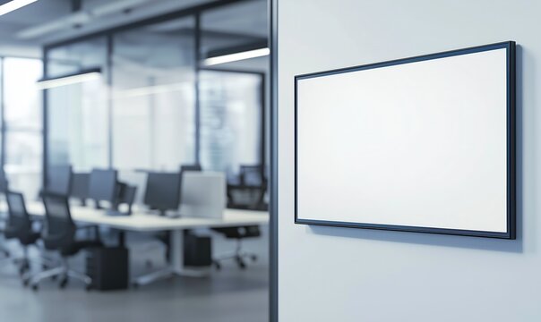 Blank Digital Signage in Modern Office: A sleek, blank digital signage display mounted on a wall in a contemporary office setting, offering a versatile canvas for brand messaging and information.