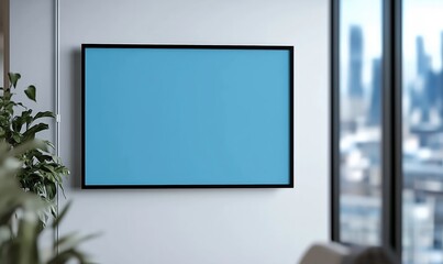 Fototapeta premium Modern Living Room TV Mockup: A sleek, black-framed flat-screen television hangs on a minimalist white wall, offering a perfect canvas for branding or design displays.