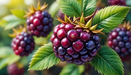 Fototapeta premium Close-up of Juicy Ripe Blackberries on a Bush with Vibrant Green Leaves in Sunlight