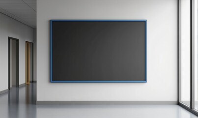 Blank Canvas in Modern Corridor: A minimalist hallway features a large blank canvas, framed in a sleek blue, providing an expansive space for creative expression or important announcements.