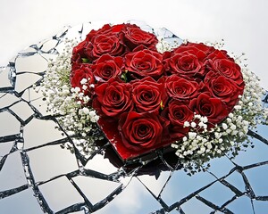 red roses in heart shaped and bouque show love for valentines day on glass broken surface