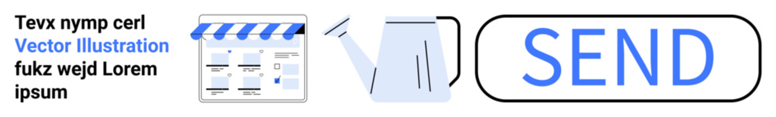 Shopfront icon, triangular envelope, and large send button illustrate online shopping and digital communication. Ideal for e-commerce, digital marketing, online transactions, email services, customer