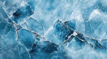Obraz premium Beautiful winter natural blue ice texture of surface of frozen. Nature abstract pattern of white cracks. Winter seasonal background, mock up, flat lay, ice texture background
