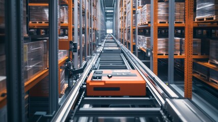 Industrial warehouse. Automated storage and retrieval systems. Showcasing efficiency and technology. Ideal for logistics and warehousing presentations.