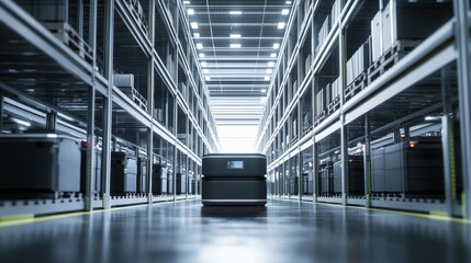 Industrial warehouse. Automated storage and retrieval systems. Showcasing efficiency and technology. Ideal for logistics and warehousing presentations.