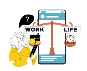 Work-life balance concept with woman thinking and scale illustration. 