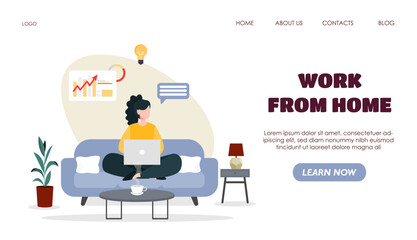 Work from home concept with woman using laptop on couch. 