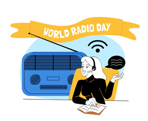 World Radio Day celebration with a female radio host and vintage radio. 