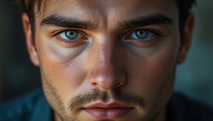 Obraz premium Close-up portrait of a young man with intense blue eyes, detailed facial features, and a subtle stubble beard.