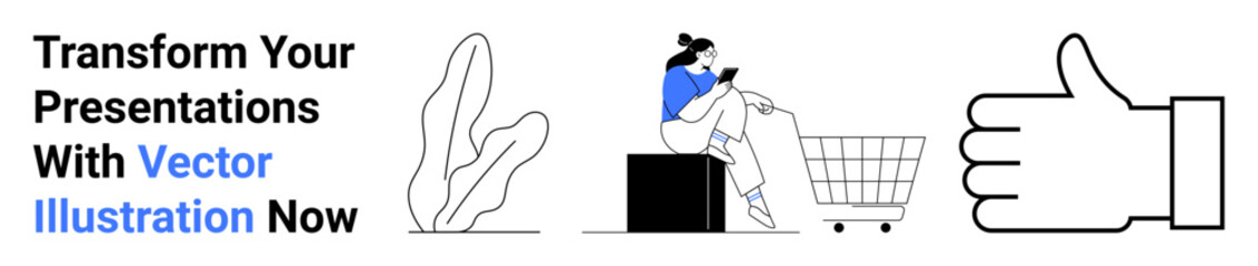 Woman sitting on box browsing mobile near shopping cart, abstract plant and thumb gesture. Ideal for e-commerce, online shopping, technology, marketing, approval concepts, customer retention, flat