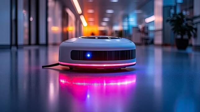 Autonomous cleaning robot sanitizing hospital floor with LED indicator showing cleaning progress and battery level