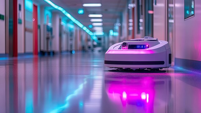 Autonomous cleaning robot sanitizing hospital floor with LED indicator showing cleaning progress and battery level