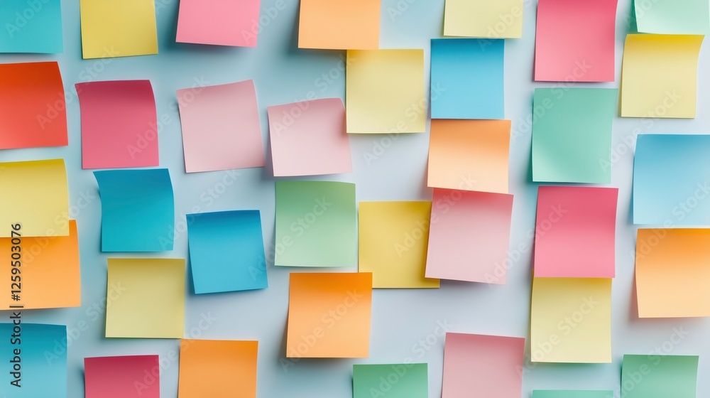 Poster colorful sticky notes: a vibrant collection of pastel-colored sticky notes arranged in an overlappin