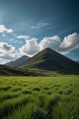 grassy field with mountains in the background and a blue sky