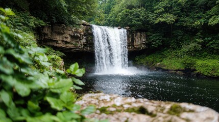 Obraz premium Waterfall cascading down rocky cliff in lush forest. Possible use Stock photo
