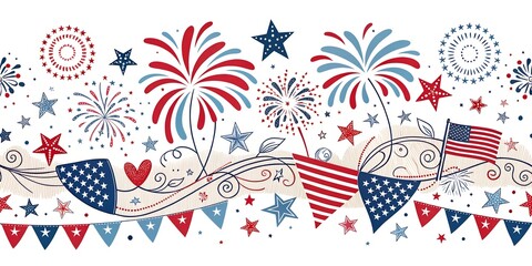 Obraz premium Independence Day seamless horizontal border with festive symbols. Isolated on white background. Patriotic holiday decor 