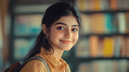 Portrait of a Smiling Young Woman in a Library