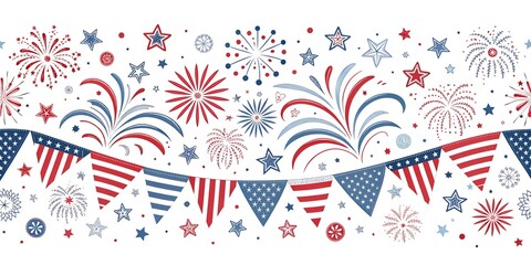 Obraz premium Independence Day seamless horizontal border with festive symbols. Isolated on white background. Patriotic holiday decor 
