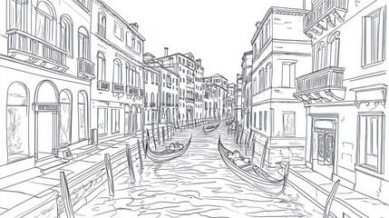 Gondolas on Venetian canal, Italy;  cityscape illustration
