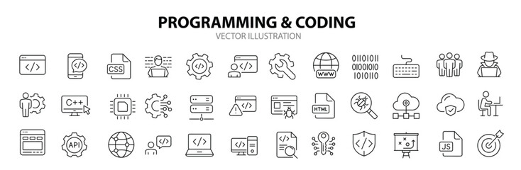 Programming coding  set of web icons in line style. Software development icons for web and mobile app. Code, api, programmer, developer, information technology, coder and more. Vector illustration