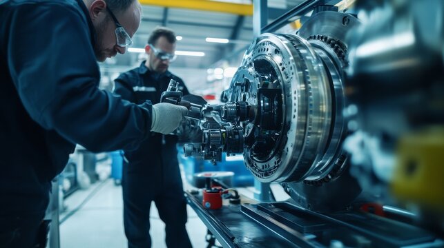 Industrial workshop. Technicians repairing machinery. Showcasing technical skills and maintenance. Ideal for industrial training materials.