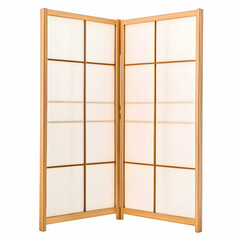 Room divider, wooden frame, translucent panels, white background, home decor