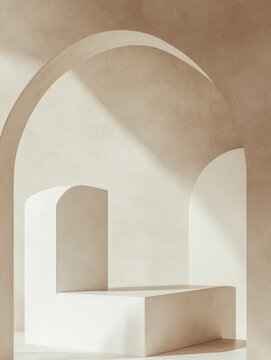 Abstract shapes, minimalist and simple, on a beige white background, with white pedestals in the foreground, organic shapes, in close-up.