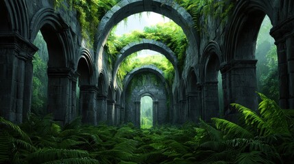Obraz premium A mysterious, overgrown ruin features lush greenery and arched stone structures, creating an enchanting, tranquil atmosphere.