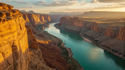 Majestic canyon river at sunset with golden cliffs and winding waterway