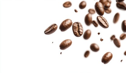 Fototapeta premium Coffee Beans in Motion: Roasted coffee beans suspended in mid-air, showcasing their rich brown tones and intricate details against a clean background.