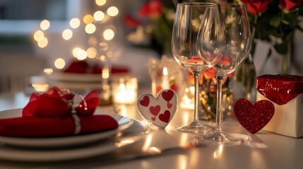 Valentine’s Day romantic dinner setup. Featuring a beautifully arranged table with decorations and gifts. Ideal for Valentine’s celebrations.