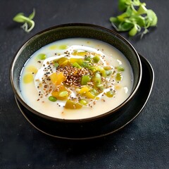 A bowl of sweet and chewy ch&egrave;, a traditional Vietnamese dessert soup made with coconut milk, mung beans, jelly, and colorful tapioca pearls. A delightful and refreshing treat.