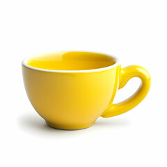 Yellow cup, empty, white background, studio shot, drinks