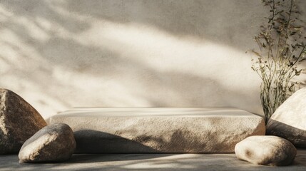 Obraz premium A close-up shot of an empty podium for product display, surrounded by large rocks and earthy tones, with soft lighting casting gentle shadows on the background