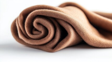 Rolled camel wool fabric on white background