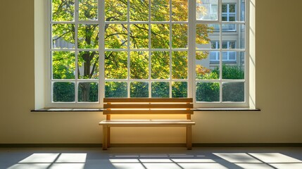 Fototapeta premium Wooden bench sunlight autumn window waiting room