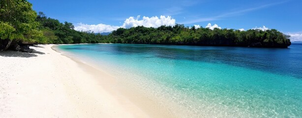 A serene beach scene featuring clear turquoise waters lapping against a sandy shore, with lush greenery and a blue sky dotted with fluffy clouds.