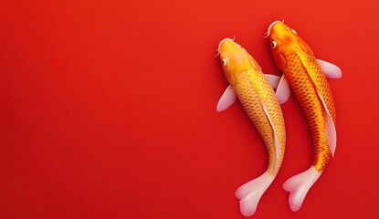 Koi Fish on Red: Two vibrant Koi fish, one lighter and one darker orange, swim gracefully against a bold red backdrop.  The composition is minimalist yet striking.