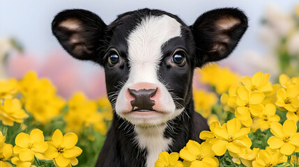 Cute calf in yellow flowers, spring pasture