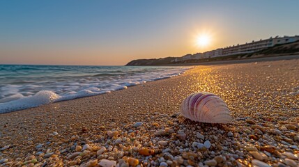 Serene Beach Sunset with Shell on Shoreline and Gentle Waves