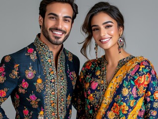 Elegant Indian Couple in Vibrant Traditional Attire with Floral Embroidery Celebrating Cultural Heritage