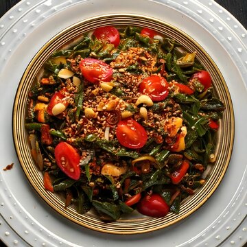 A plate of lahpet thoke, Myanmar&rsquo;s famous tea leaf salad, made with fermented tea leaves, crunchy nuts, fried garlic, tomatoes, and sesame seeds.