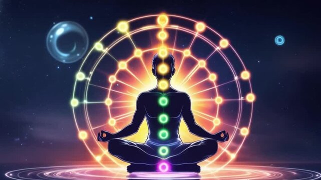Meditating person silhouette glowing with chakra energy points in a cosmic space for spiritual wellness website background.
