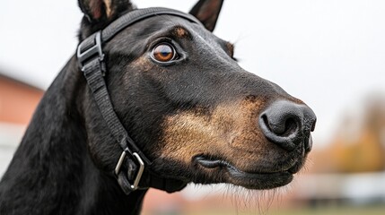 Close-up of a black Doberman Pinscher head. Outdoors.  Possible use Stock photography for animal lovers