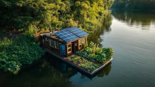 A self-sufficient floating houseboat with solar panels and a lush vegetable garden, showcasing sustainable and off-grid living on a peaceful river. Image made using Generative AI.