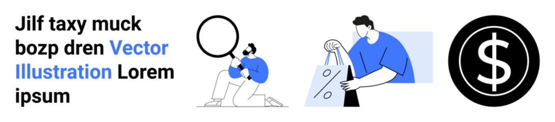 Human figure investigating with magnifying glass, person holding shopping bags, and dollar sign icon. Ideal for business, research, shopping, finance, analytics ecommerce marketing. Landing page