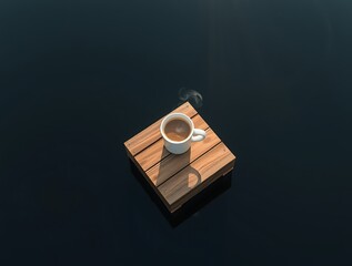 Coffee Cup Steaming on Floating Wooden Tray in Dark Water